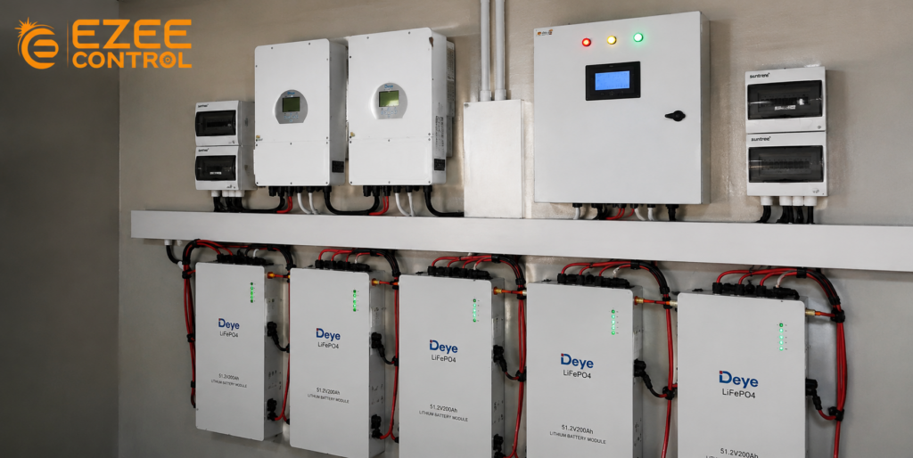 ESS energy storage system installation by Ezee Control showing LiFePO4 battery bank